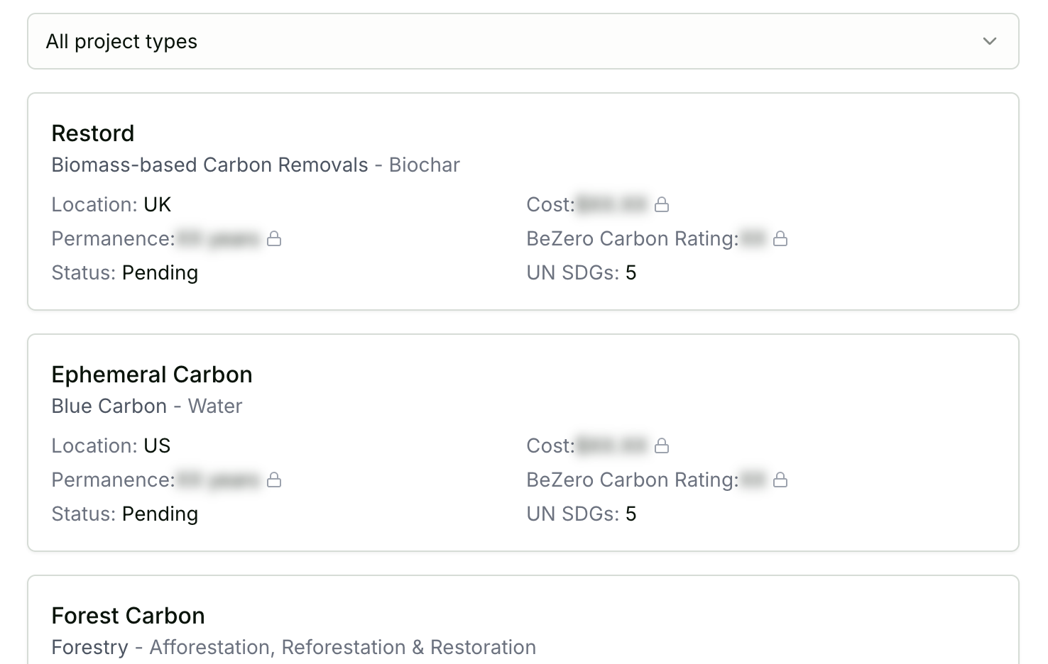 Carbon credit comparison table showing BeZero integrity ratings, permanence duration, additionality scores, co-benefits assessment, leakage risk analysis for verified carbon removal projects including direct air capture, biochar, and nature-based solutions